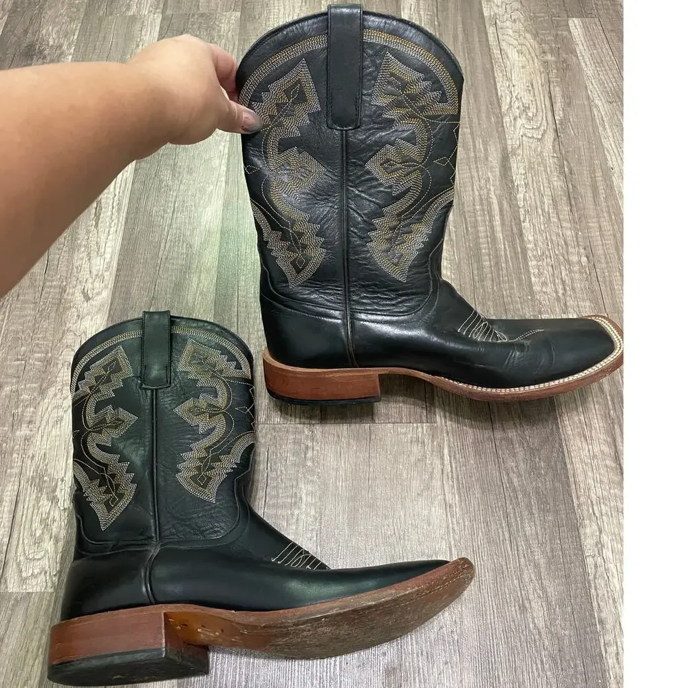 Men's Black Leather Western Cowboy Boots with Embroidered Shaft